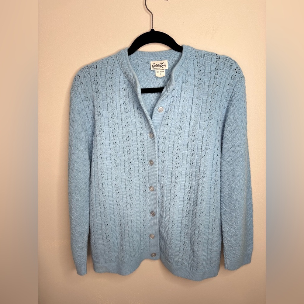 Cuddle knit vintage  button up cardigan sweater size small Light Blue Cable Knit